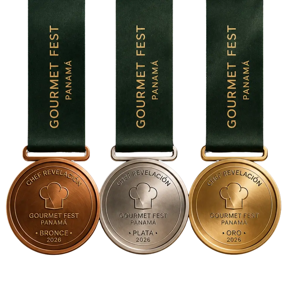 Medallas de oro, plata y bronce con cinta verde oscura del Gourmet Fest Panamá 2026 otorgadas al chef revelación por votación oficial.